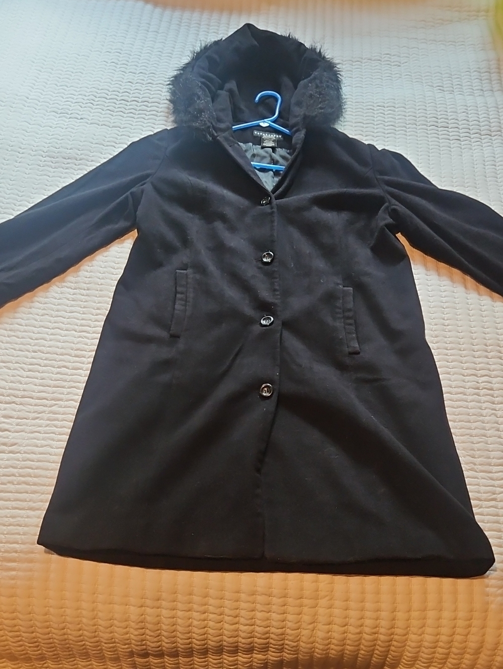 Women's Black Hooded Wool Blend Coat with Faux Fur Trim